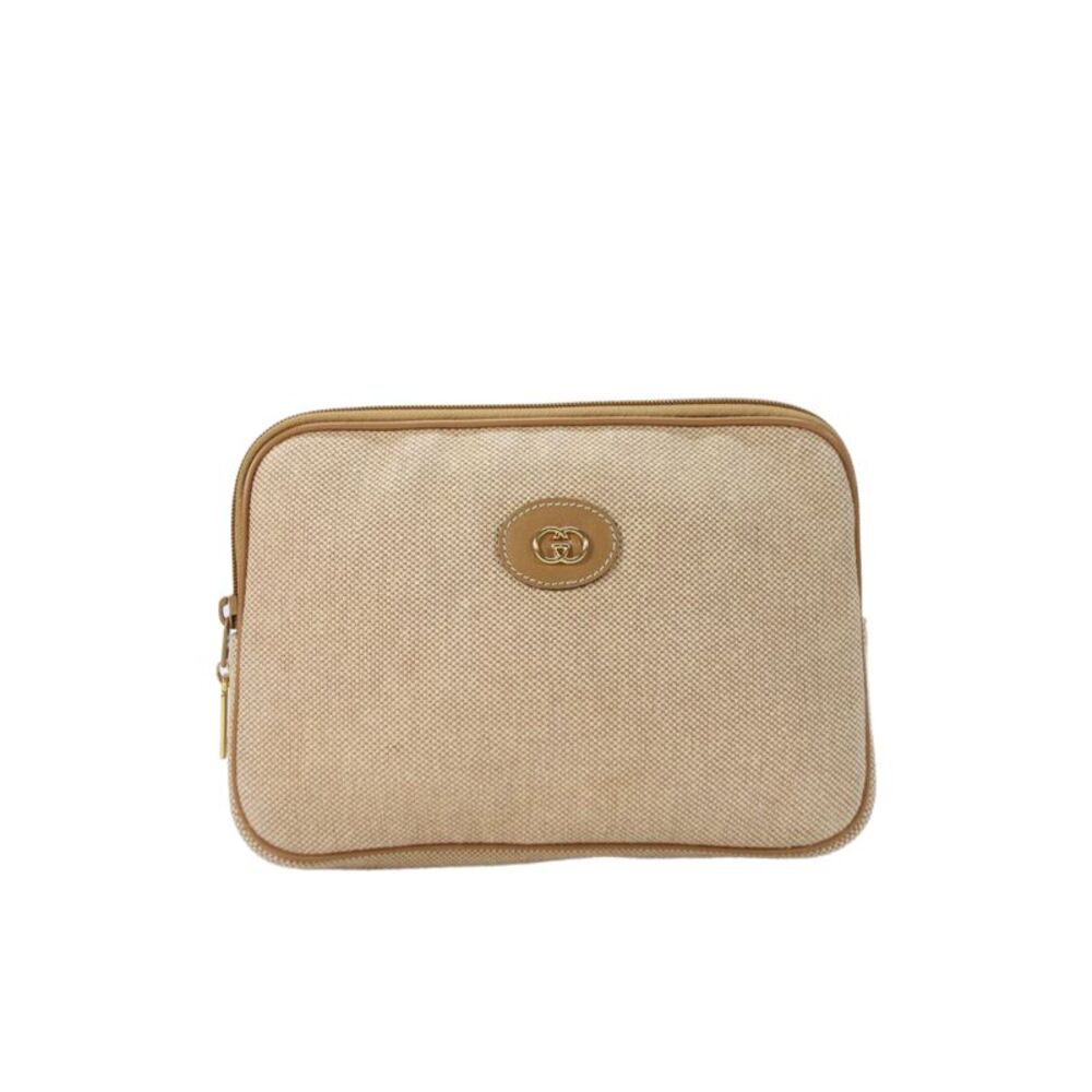 Gucci Womens Gold Tone Zipper Closure Cosmetic Bag Beige